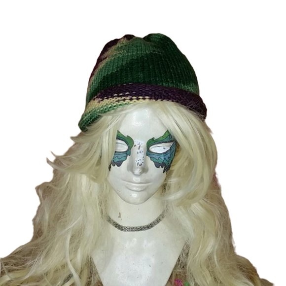 Purple Green Yellow Tie Dye Knit Beanie Hat - Picture 1 of 10